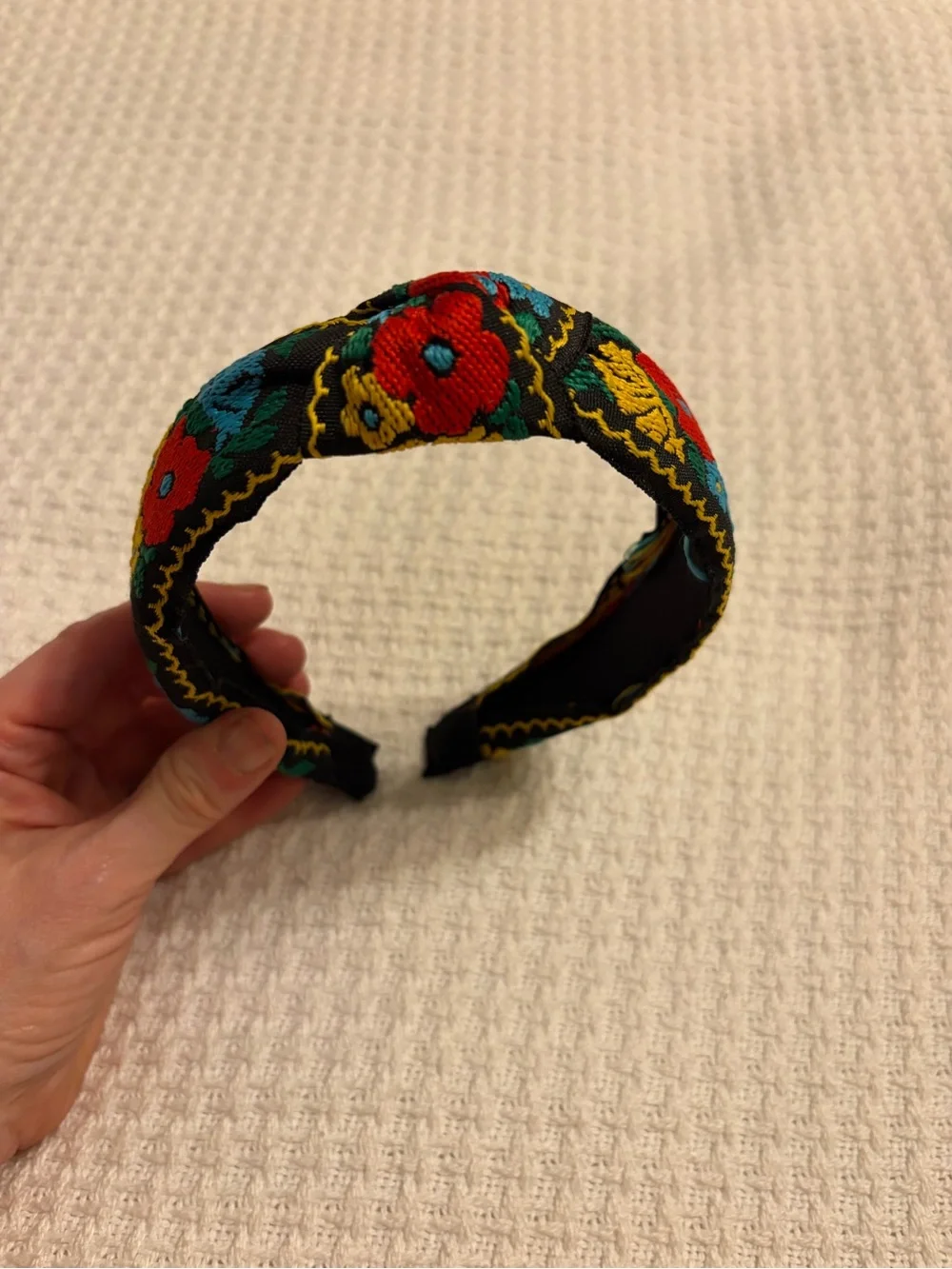 EUC Embroidered Floral Black Headband with Red & Teal Accents